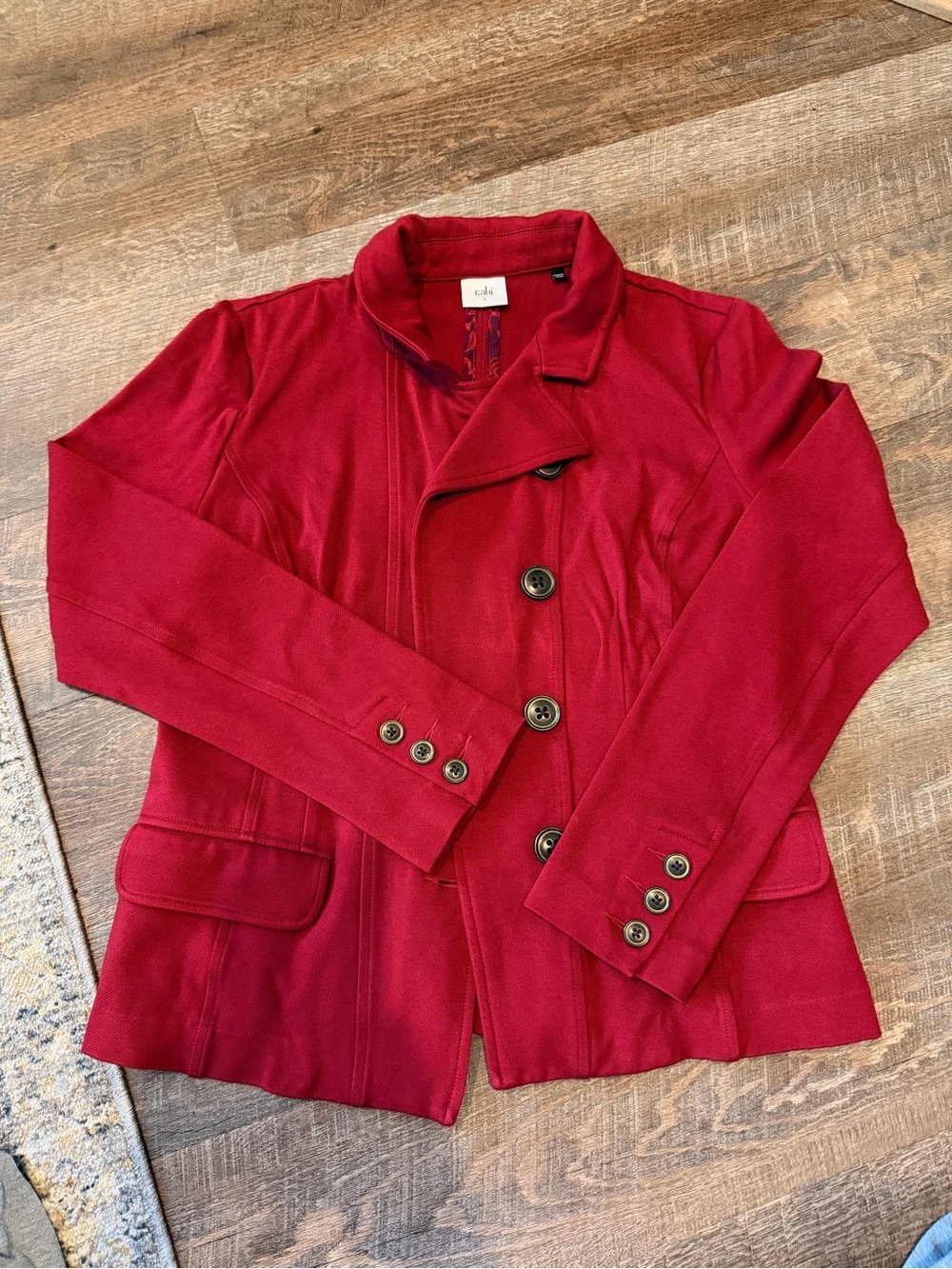 Cabi Red Military Peplum Jacket Size 6 Stretch Knit Asymmetrical Button Front